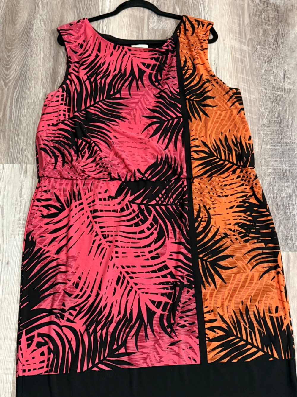 London Times Woman 16W Tropical Palm Print Color Block Shift Dress Pink Orange